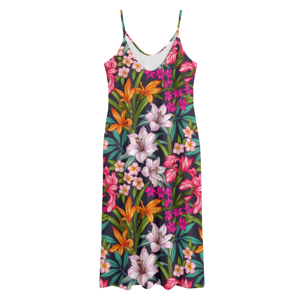Tropical Flowers Pattern Print Jersey Midi Cami Dress