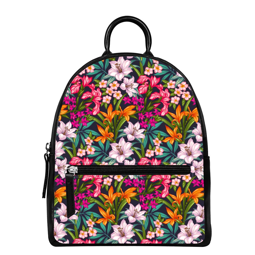 Tropical Flowers Pattern Print Leather Backpack