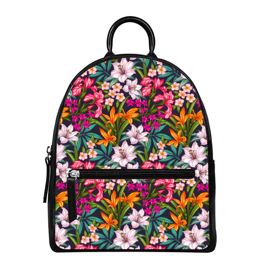 Tropical Flowers Pattern Print Leather Backpack