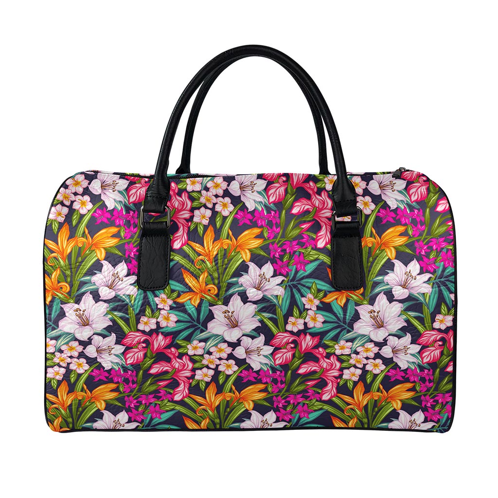 Tropical Flowers Pattern Print Leather Duffle Bag