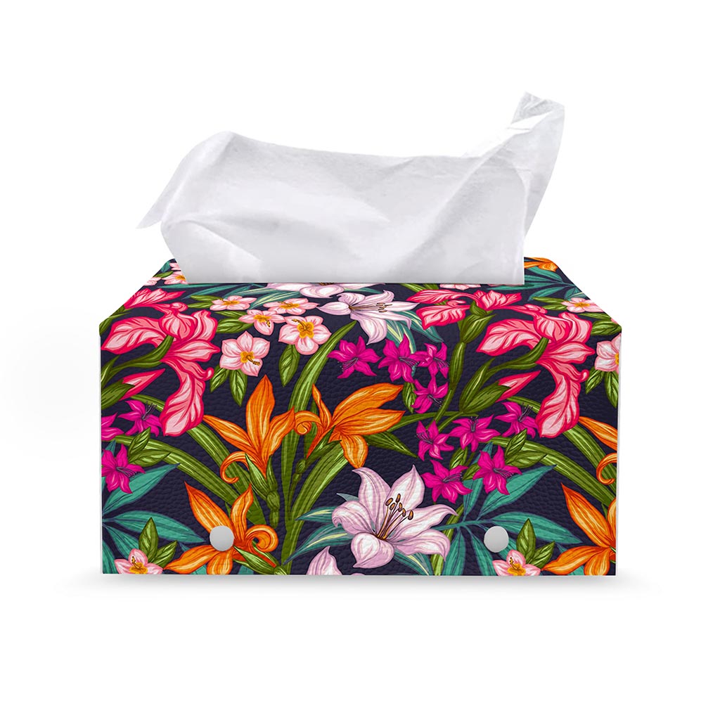 Tropical Flowers Pattern Print Leather Tissue Box Cover