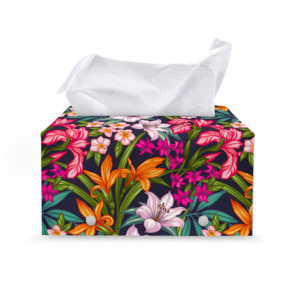 Tropical Flowers Pattern Print Leather Tissue Box Cover
