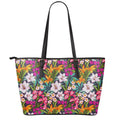 Tropical Flowers Pattern Print Leather Tote Bag With Zipper
