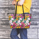 Tropical Flowers Pattern Print Leather Tote Bag