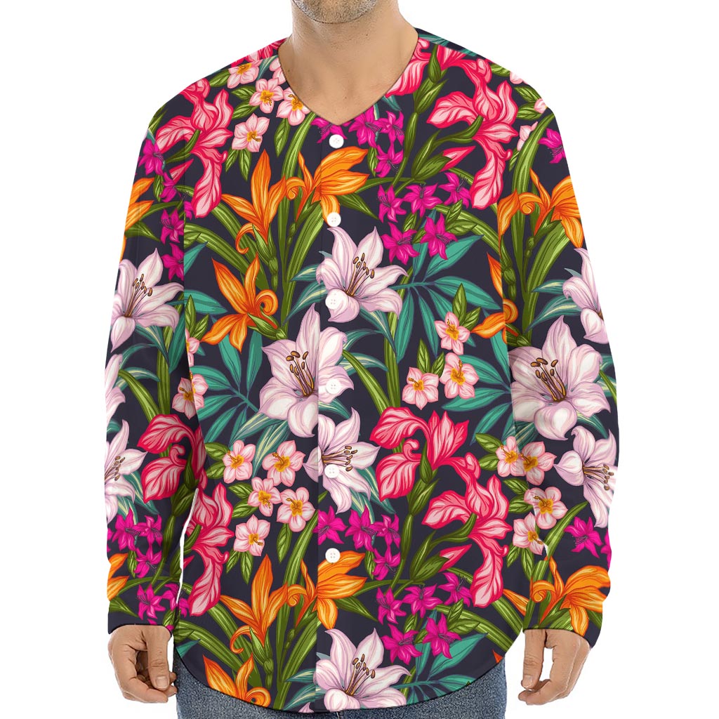 Tropical Flowers Pattern Print Long Sleeve Baseball Jersey