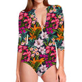 Tropical Flowers Pattern Print Long Sleeve Swimsuit