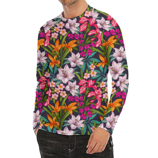 Tropical Flowers Pattern Print Men's Long Sleeve Rash Guard