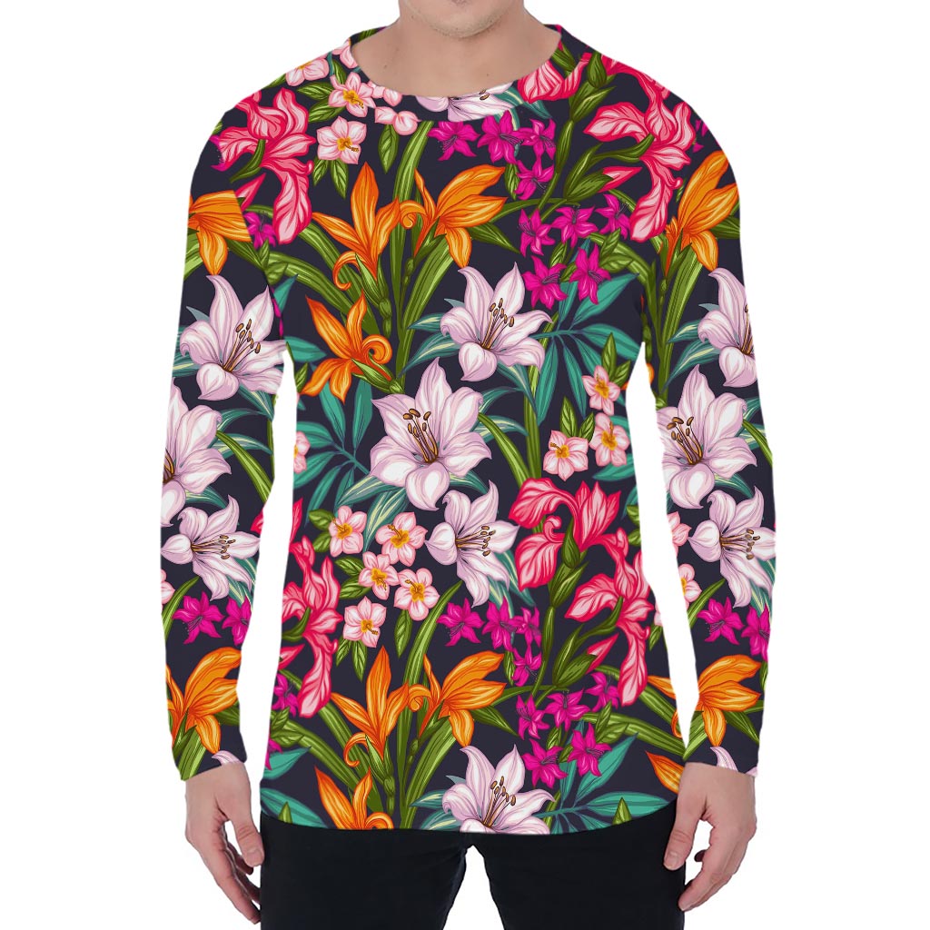 Tropical Flowers Pattern Print Men's Long Sleeve T-Shirt