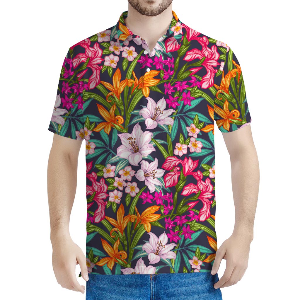 Tropical Flowers Pattern Print Men's Polo Shirt