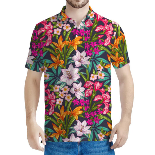 Tropical Flowers Pattern Print Men's Polo Shirt