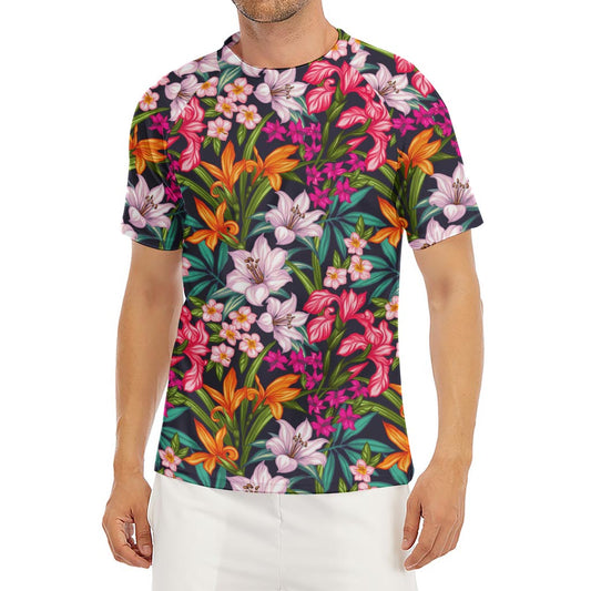 Tropical Flowers Pattern Print Men's Short Sleeve Rash Guard