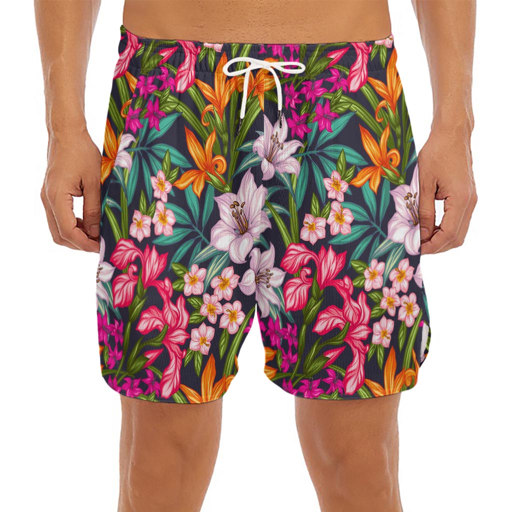 Tropical Flowers Pattern Print Men's Split Running Shorts