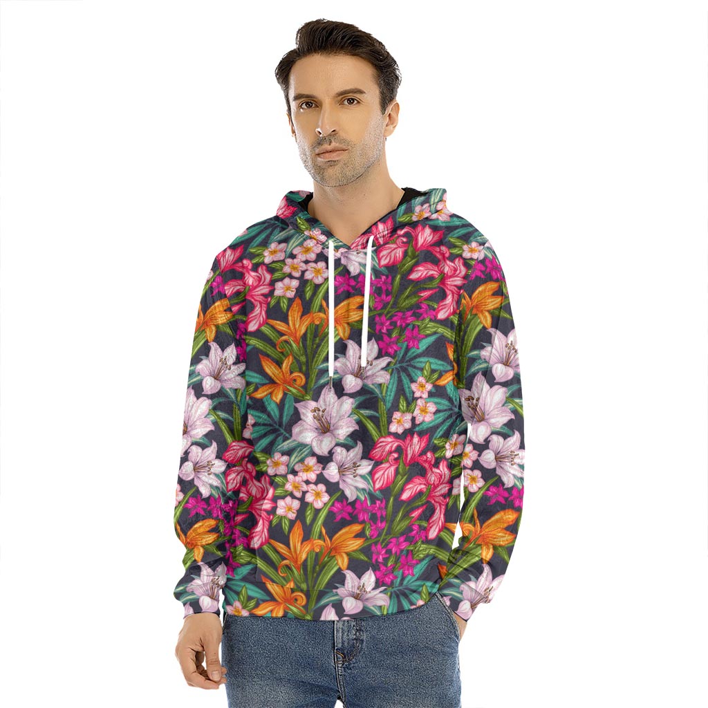 Tropical Flowers Pattern Print Men's Velvet Pullover Hoodie