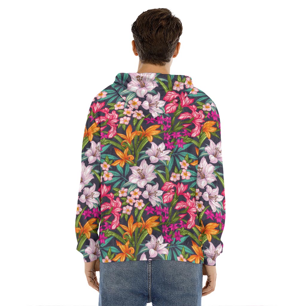 Tropical Flowers Pattern Print Men's Velvet Pullover Hoodie