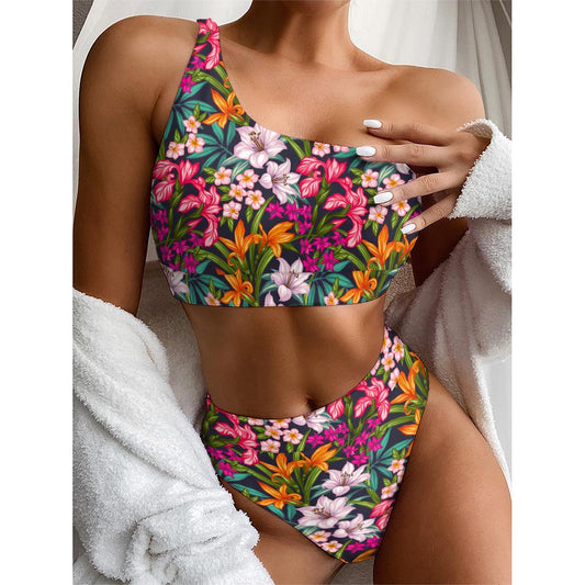 Tropical Flowers Pattern Print One Shoulder Bikini Top