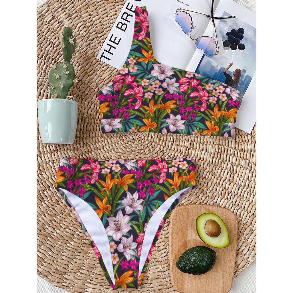 Tropical Flowers Pattern Print One Shoulder Bikini Top