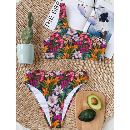 Tropical Flowers Pattern Print One Shoulder Bikini Top