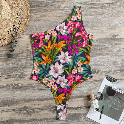Tropical Flowers Pattern Print One Shoulder Bodysuit
