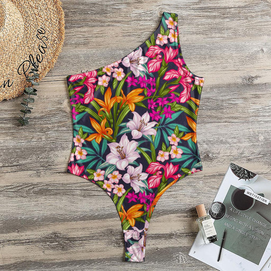 Tropical Flowers Pattern Print One Shoulder Bodysuit