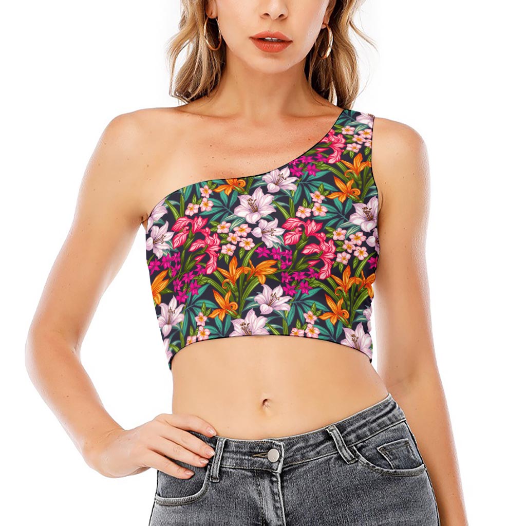 Tropical Flowers Pattern Print One Shoulder Crop Top