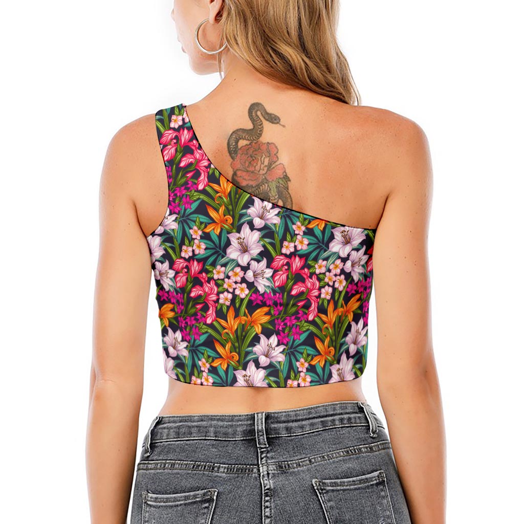 Tropical Flowers Pattern Print One Shoulder Crop Top