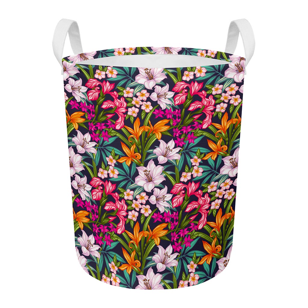Tropical Flowers Pattern Print Round Laundry Basket