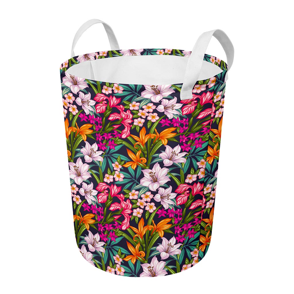 Tropical Flowers Pattern Print Round Laundry Basket