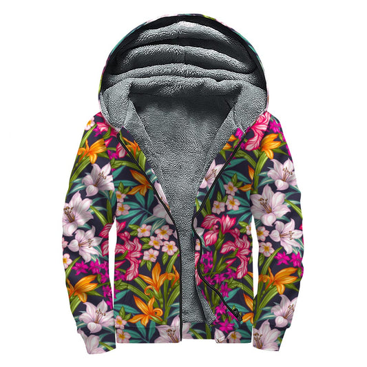 Tropical Flowers Pattern Print Sherpa Lined Zip Up Hoodie