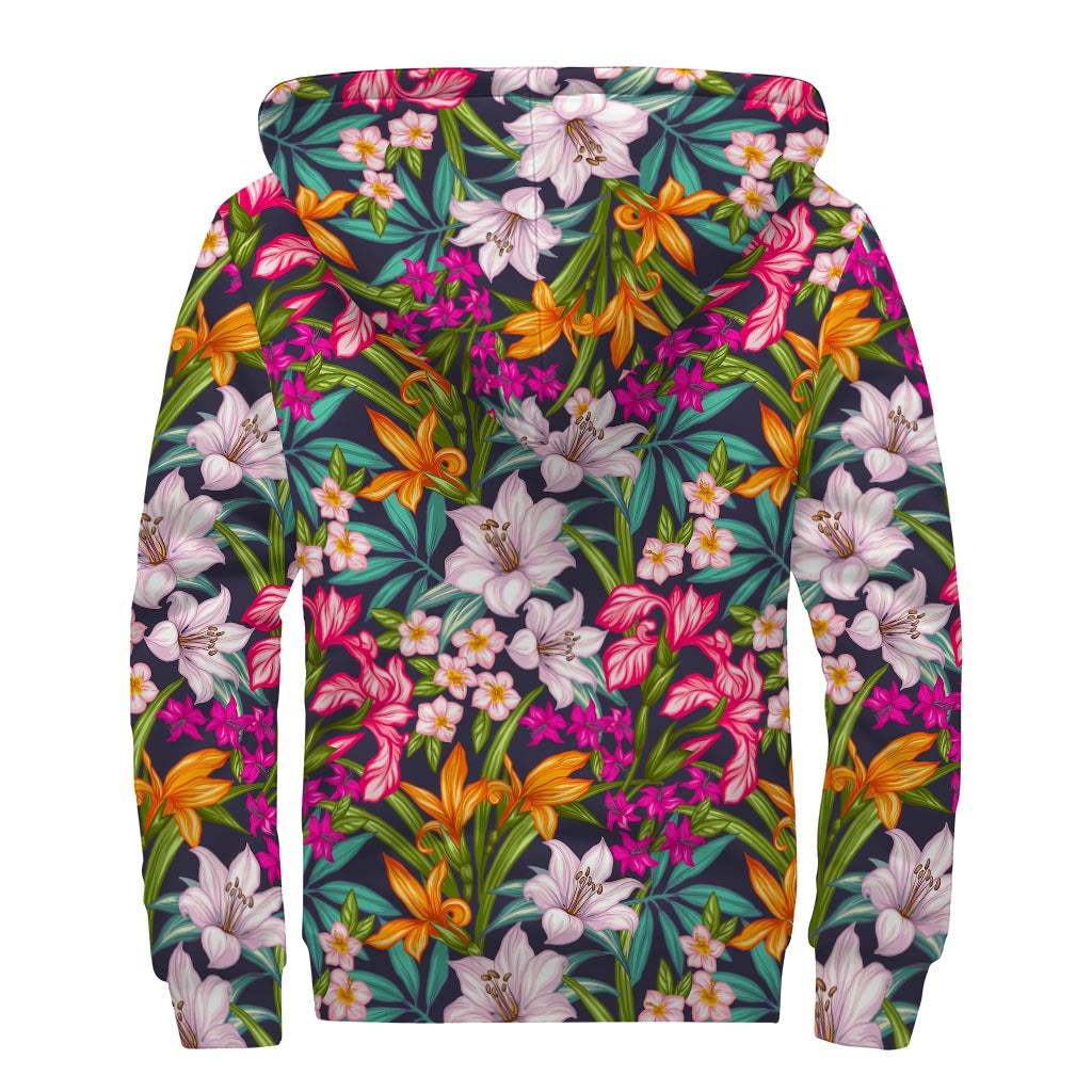 Tropical Flowers Pattern Print Sherpa Lined Zip Up Hoodie