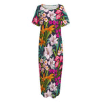 Tropical Flowers Pattern Print Short Sleeve Long Nightdress