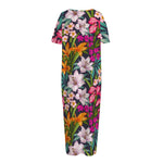 Tropical Flowers Pattern Print Short Sleeve Long Nightdress