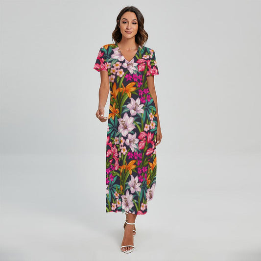 Tropical Flowers Pattern Print Short Sleeve Maxi Dress