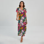 Tropical Flowers Pattern Print Short Sleeve Maxi Dress