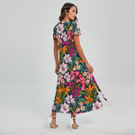 Tropical Flowers Pattern Print Short Sleeve Maxi Dress