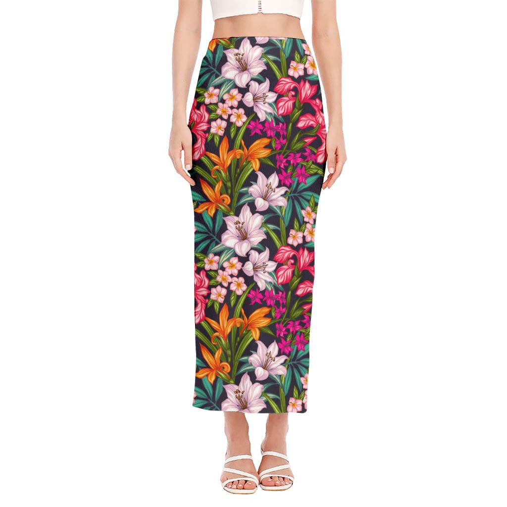 Tropical Flowers Pattern Print Side Slit Maxi Skirt