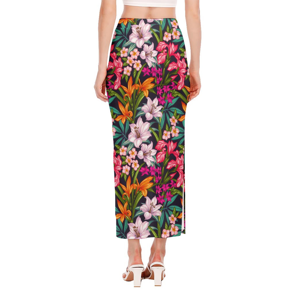 Tropical Flowers Pattern Print Side Slit Maxi Skirt