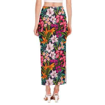 Tropical Flowers Pattern Print Side Slit Maxi Skirt