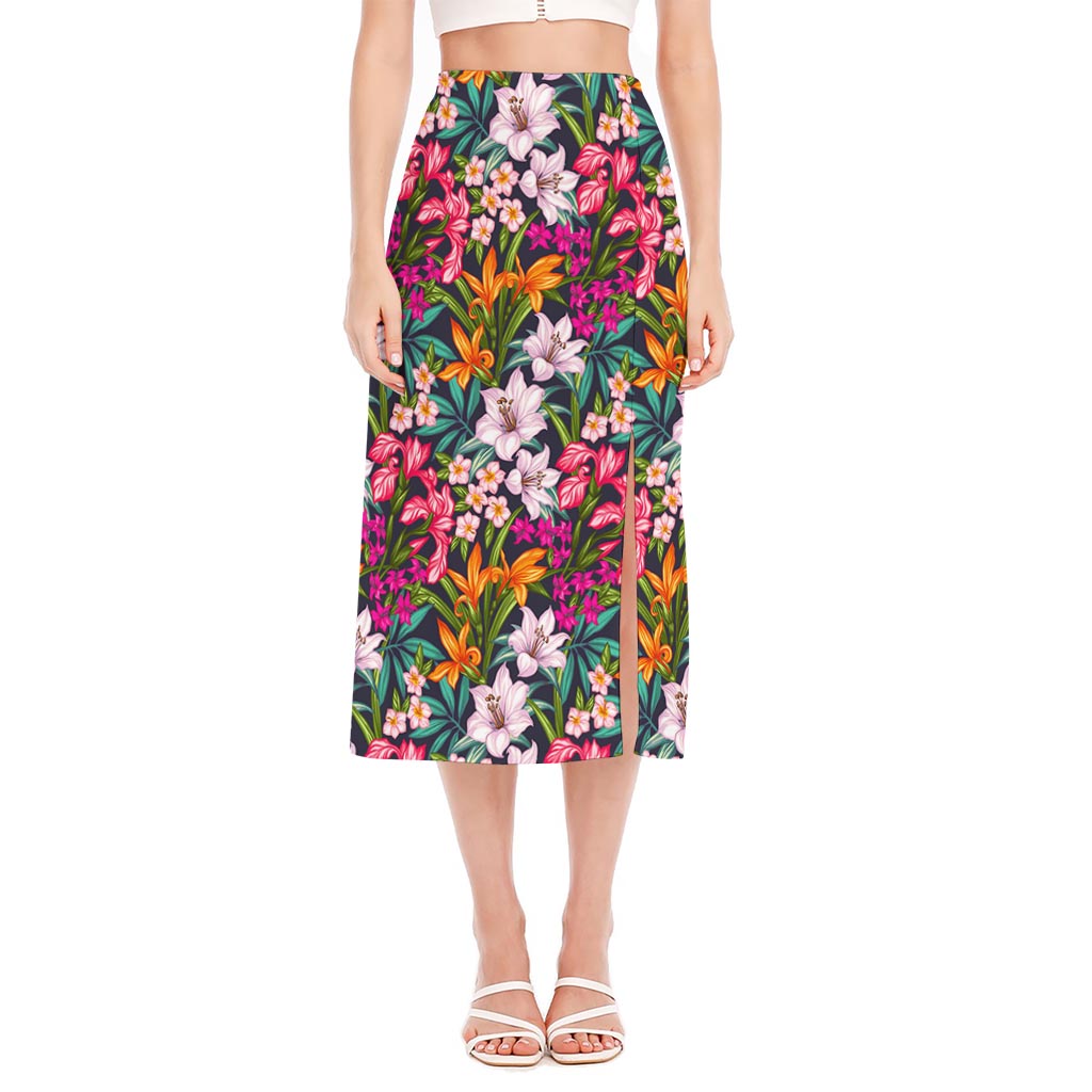Tropical Flowers Pattern Print Side Slit Midi Skirt