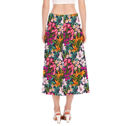 Tropical Flowers Pattern Print Side Slit Midi Skirt