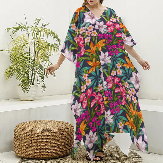Tropical Flowers Pattern Print Silk V-Neck Kaftan Dress