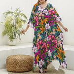 Tropical Flowers Pattern Print Silk V-Neck Kaftan Dress