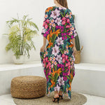 Tropical Flowers Pattern Print Silk V-Neck Kaftan Dress