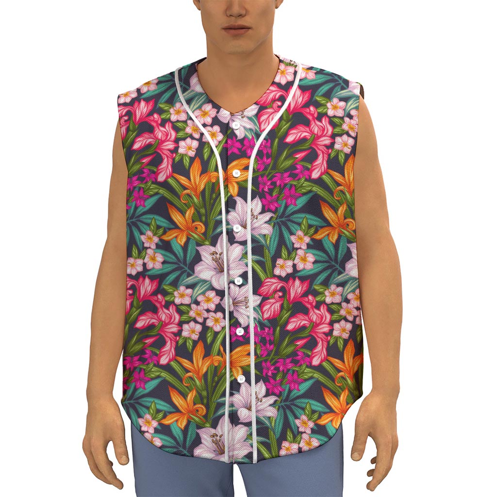 Tropical Flowers Pattern Print Sleeveless Baseball Jersey