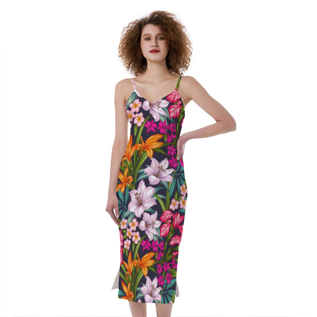 Tropical Flowers Pattern Print Slim Fit Midi Cami Dress