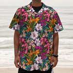 Tropical Flowers Pattern Print Textured Short Sleeve Shirt