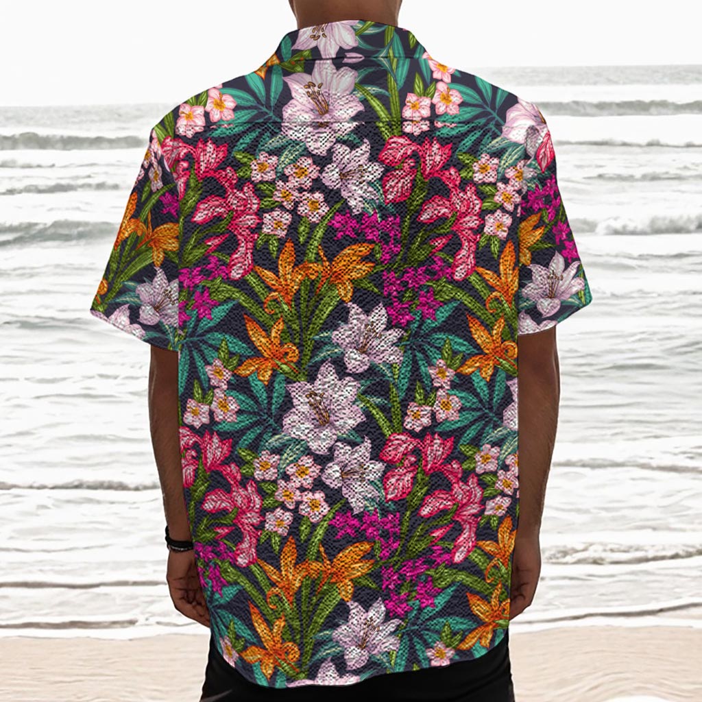 Tropical Flowers Pattern Print Textured Short Sleeve Shirt