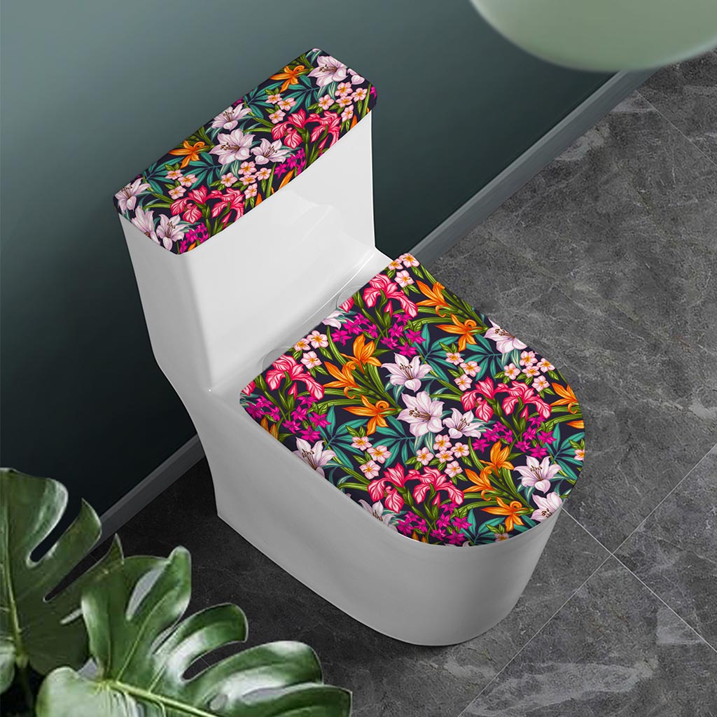 Tropical Flowers Pattern Print Toilet Lid And Tank Cover Set