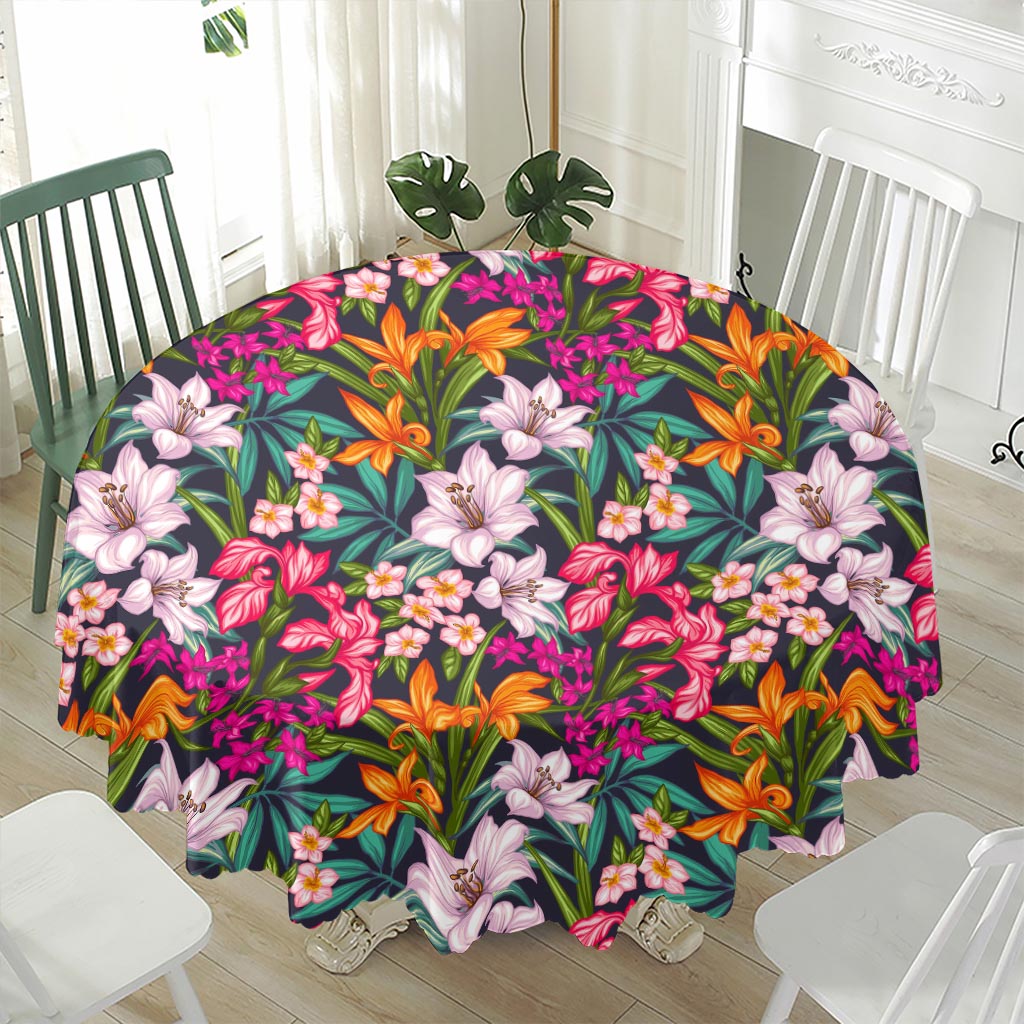 Tropical Flowers Pattern Print Waterproof Round Tablecloth