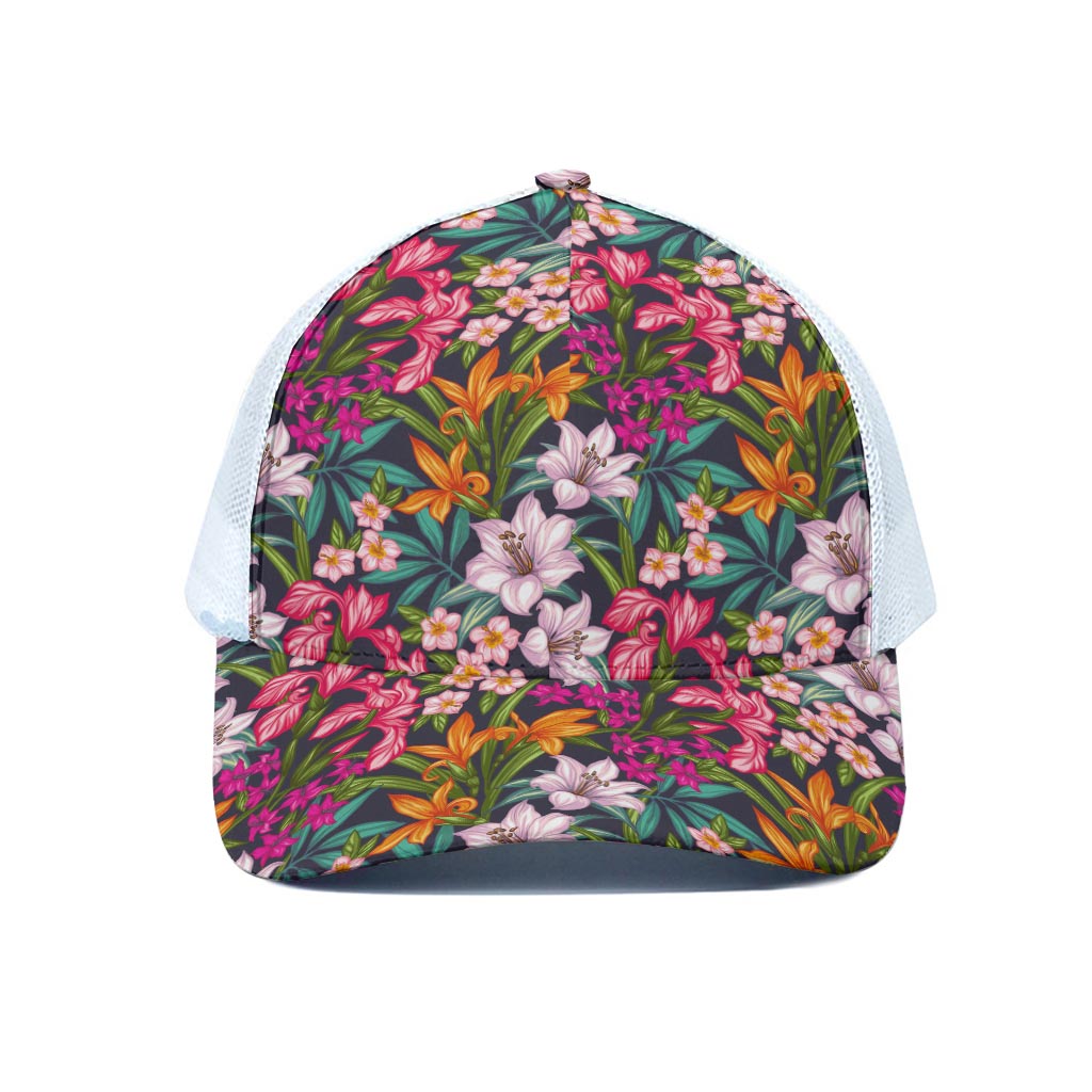 Tropical Flowers Pattern Print White Mesh Trucker Cap