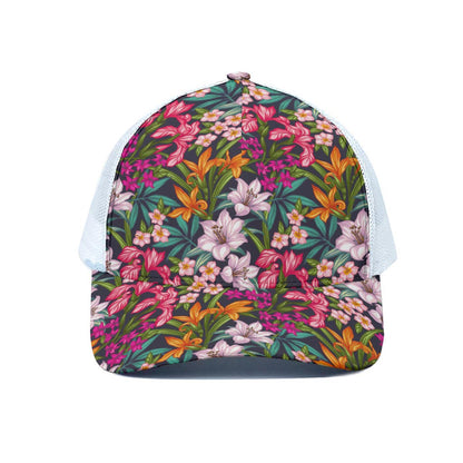 Tropical Flowers Pattern Print White Mesh Trucker Cap